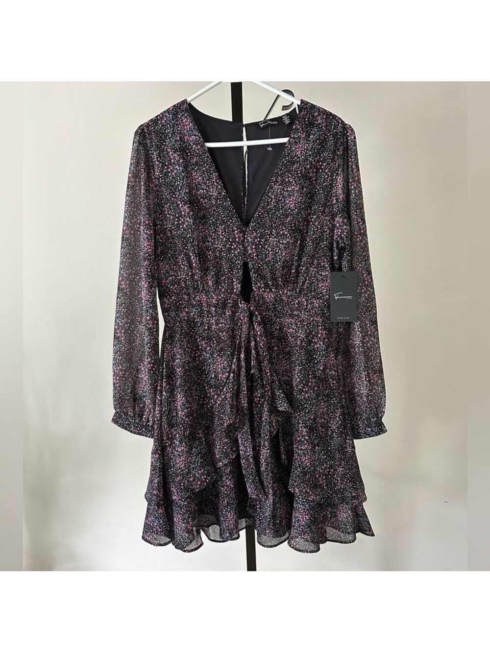 Femme by Design Black Dress with Pink Floral Speckle and Ruffle Hem, Size Medium